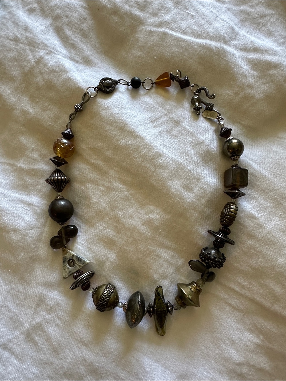 Handcrafted Olive Green silver and amber Mixed-Bead Women's Necklace